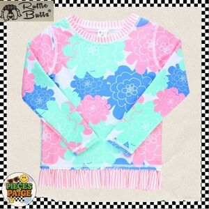 RuffleButts UPF 50+ Long Sleeve Rashgaurd Swim Top 3T Floral with Ruffle Hem